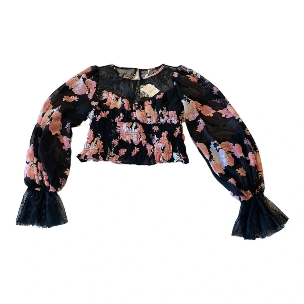 Free People Daphne Black Pink Lace Bell Sleeve Smocked Crop Whimsigoth NEW